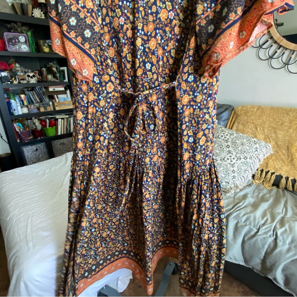 Cottagecore Black Orange Ditsy Floral Pleated Maxi Dress Tall Plus Size 26/28 - Picture 12 of 17